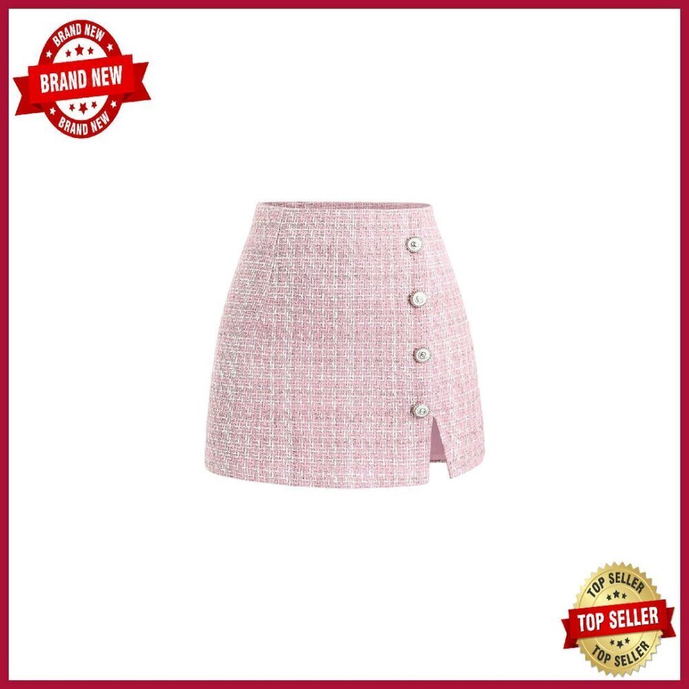 High Waist Tweed Skort with Split Hem, Zipper Closure, Above Knee